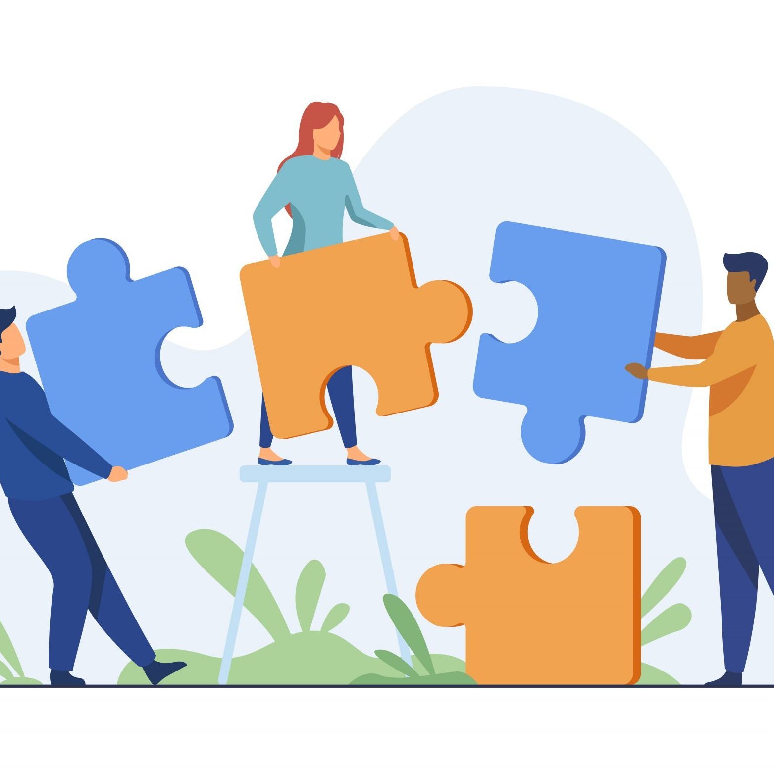 Partners holding big jigsaw puzzle pieces flat vector illustration. Successful partnership, communication and collaboration metaphor. Teamwork and business cooperation concept.