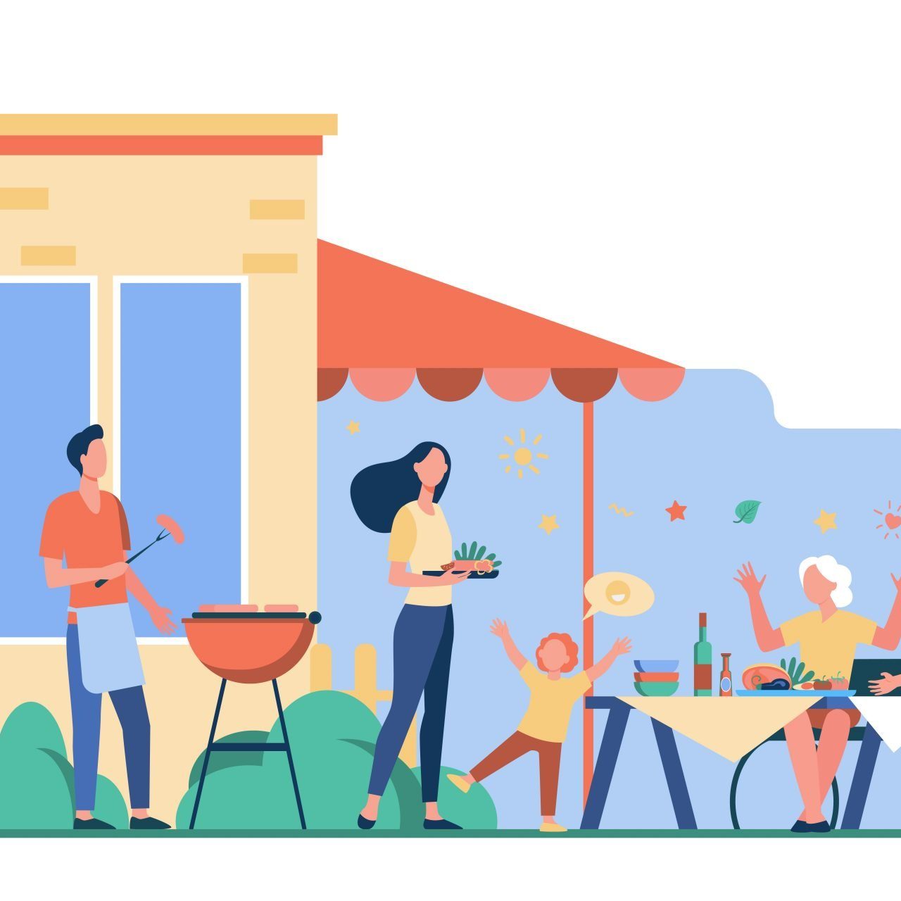 Family barbecue party. Happy mother, father, grandparents and kid cooking bbq meat and having dinner in backyard. Vector illustration for weekend, leisure, picnic, togetherness concepts