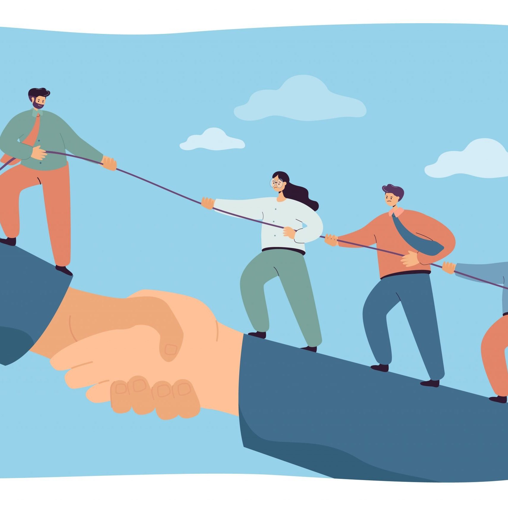 Business team climbing giant handshake with support of leader. Flat vector illustration. Cooperation of employees striving for success and career achievements. Leadership, teamwork, growth concept