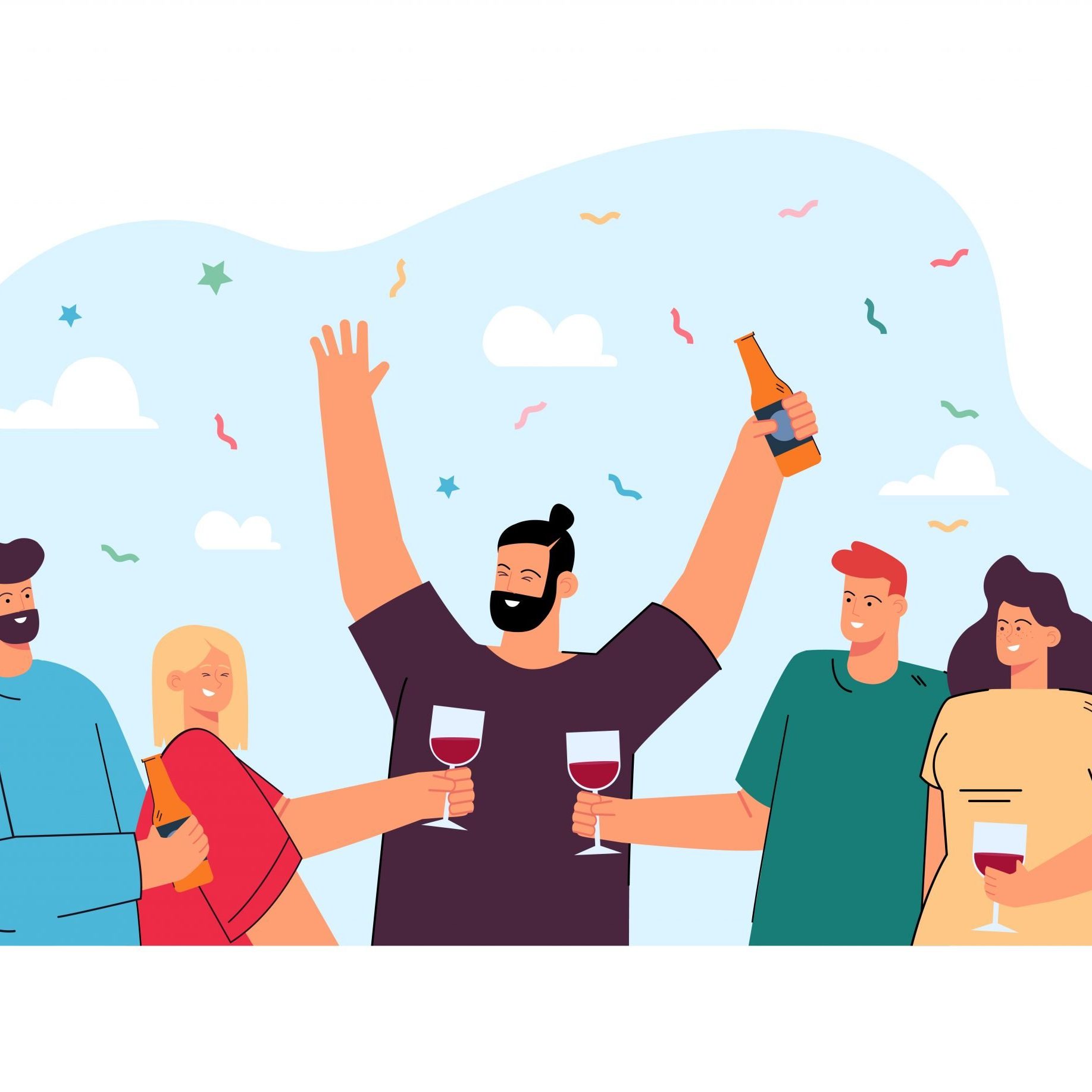 Happy friends drinking wine or beer together flat vector illustration. Cartoon positive people clinking glasses with alcohol drinks, smiling and making toasts. Friendship and party celebration concept
