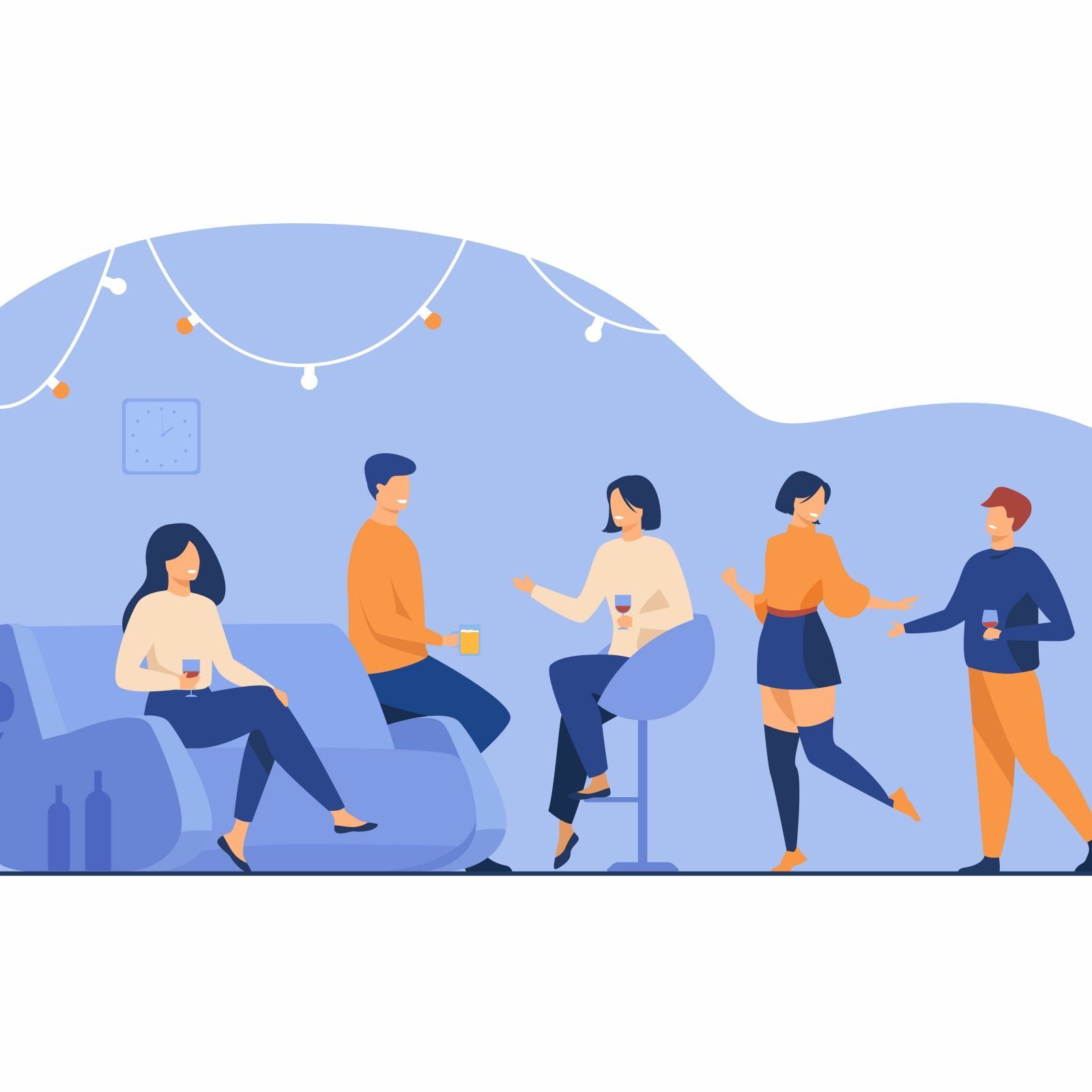 Happy friends at home party isolated flat vector illustration. Cartoon group of students dancing, talking and having fun together in apartment. Leisure and night activity concept